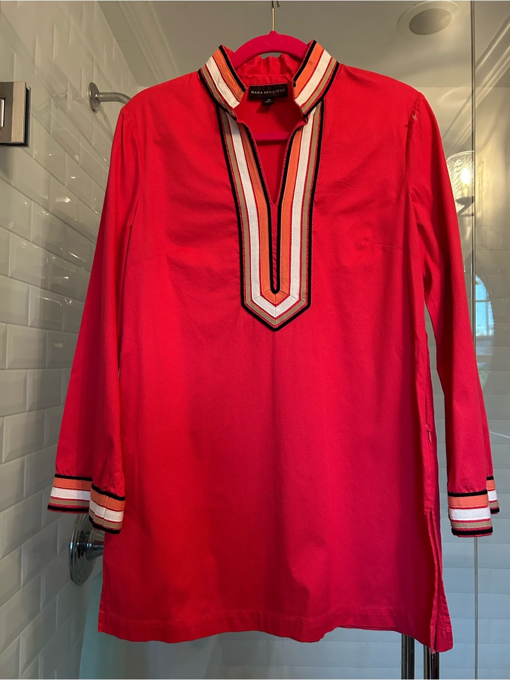 Dana Buchman Bright Pink Tunic with Striped V-Placket, bracelet sleeves, Size M
